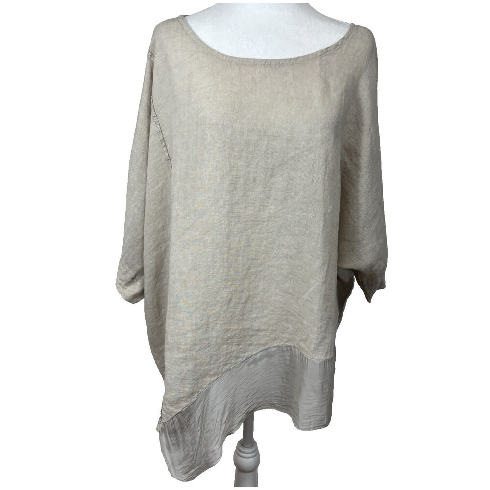 Linen Oversized Womens Top Beige Lagenlook Asymmetric‎ Chiffon Hem Made in Italy
